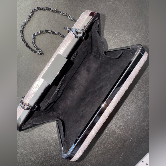WHBM Pewter/Gray/Silver Sequin Box Clutch with Paper Clip Chain Strap - Picture 12 of 13